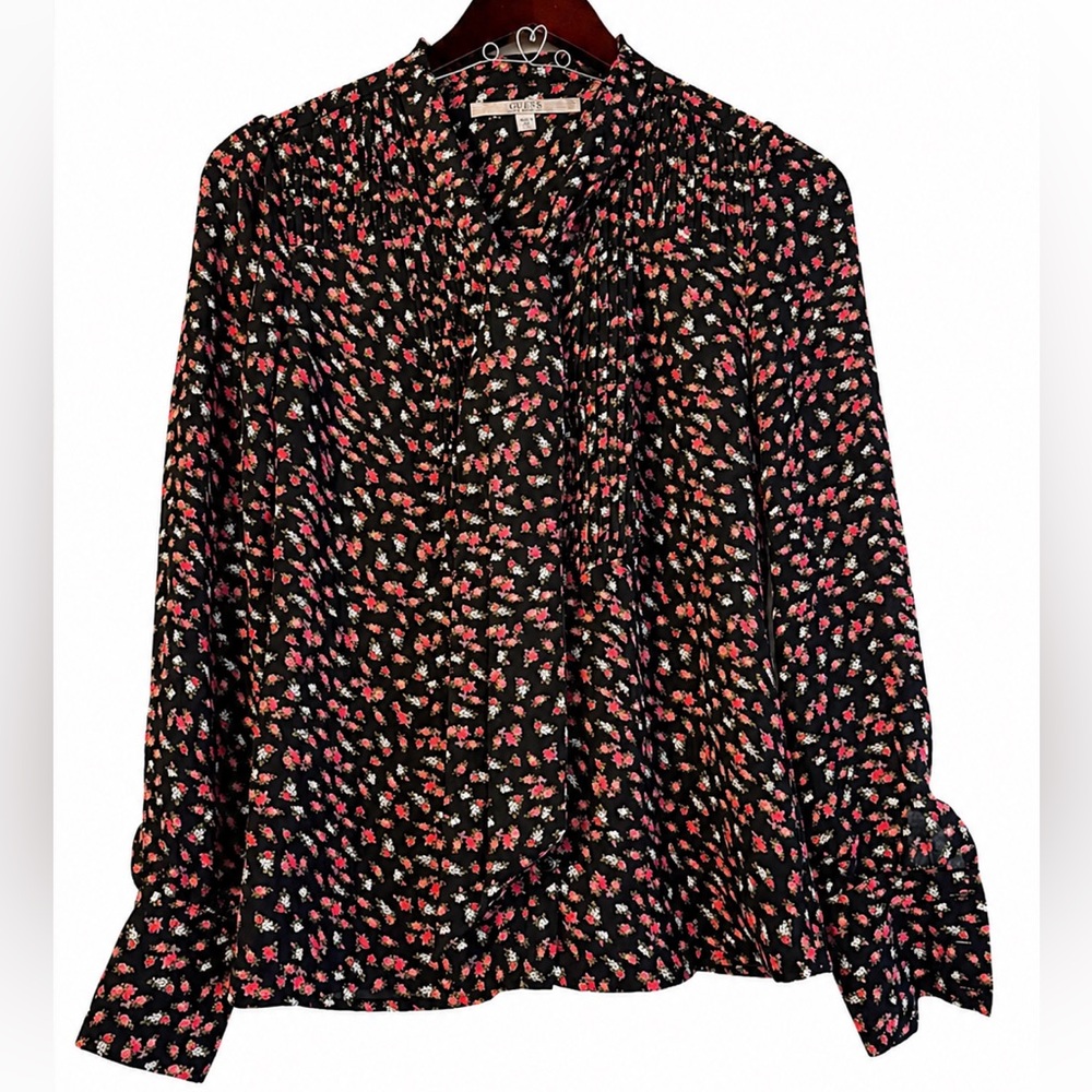 Guess Floral Pintuck Blouse Women’s size XS black pink boho long sleeve top Y2K